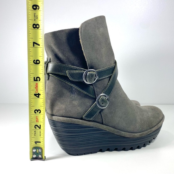 Fly London YEMO274FLY Sludge Gray Olive Suede Leather Wedge Ankle Boots 7.5 38 - Picture 6 of 14